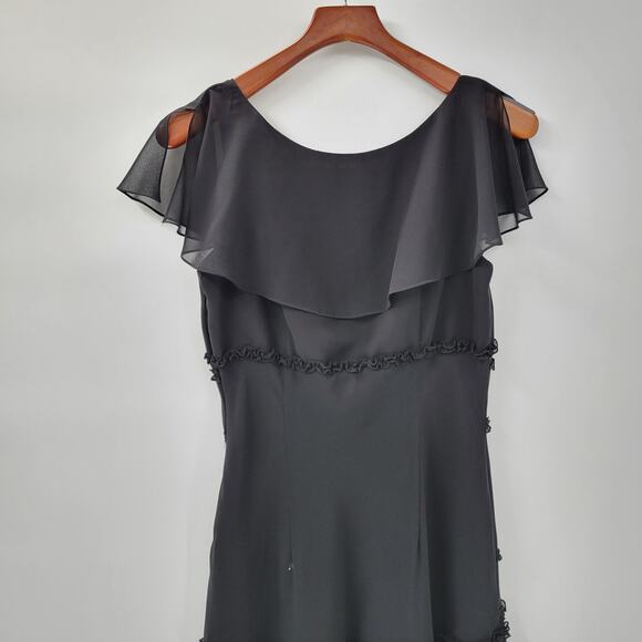 VTG Liz & Co Cocktail Dress Womens 8 Black Ruffled Detail V-Neck Flutter Sleeve - Picture 5 of 13
